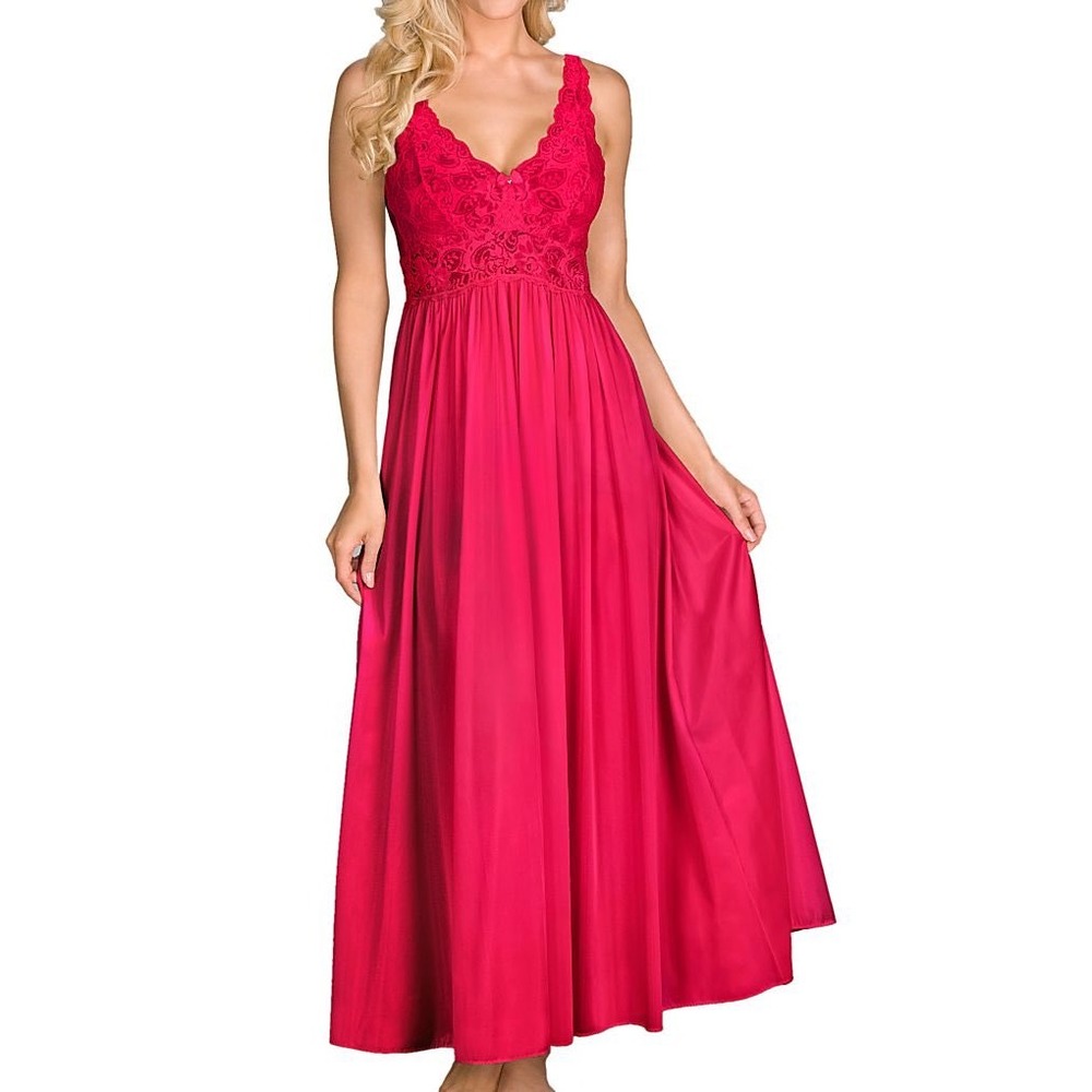Shadowline Nightgown Women Large Red Lace Trim Maxi V-Neck Sleeveless Sleepwear